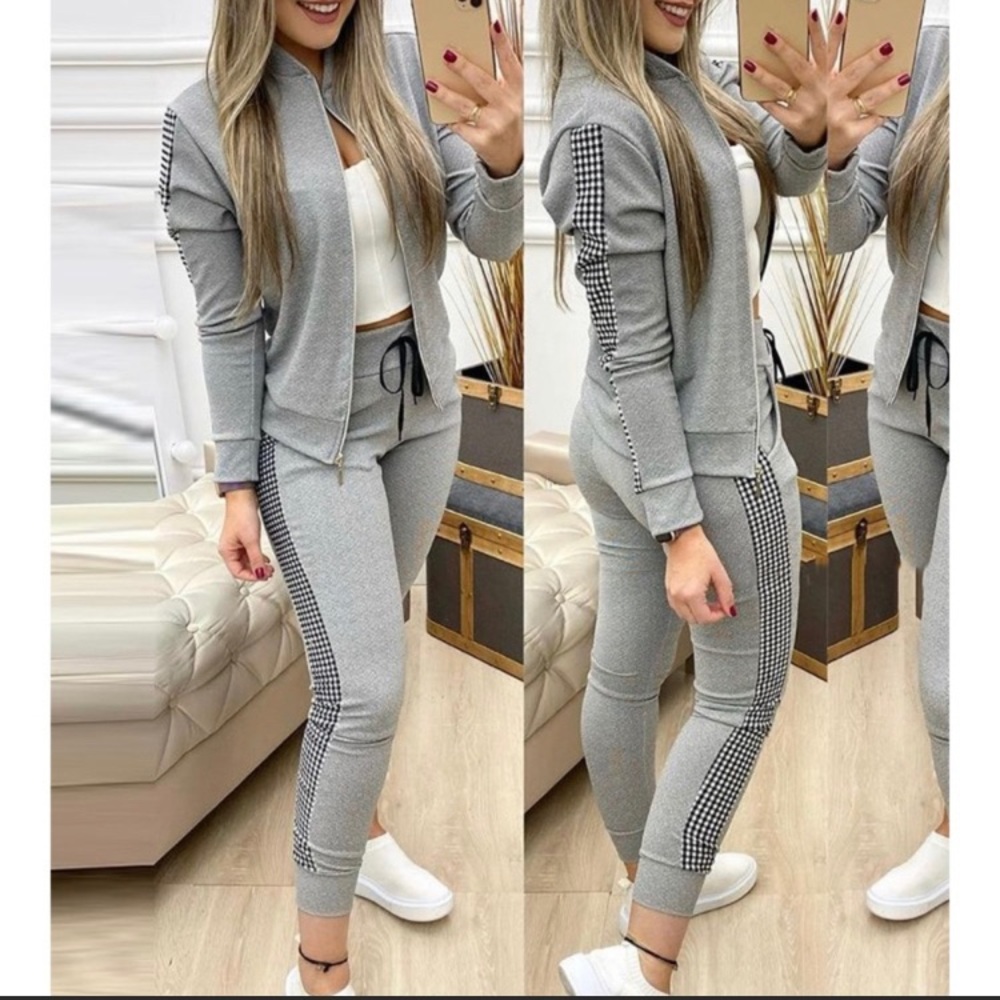 Contrast Plaid Jacket & Drawstring Pants
